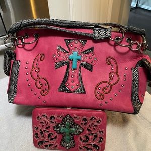 Pink leather cross accent purse and wallet set
